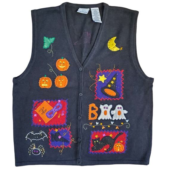 Halloween Jack o Lantern Sweater Vest Vintage 90s Orange Black Pumpkin Cardigan - Picture 1 of 12
